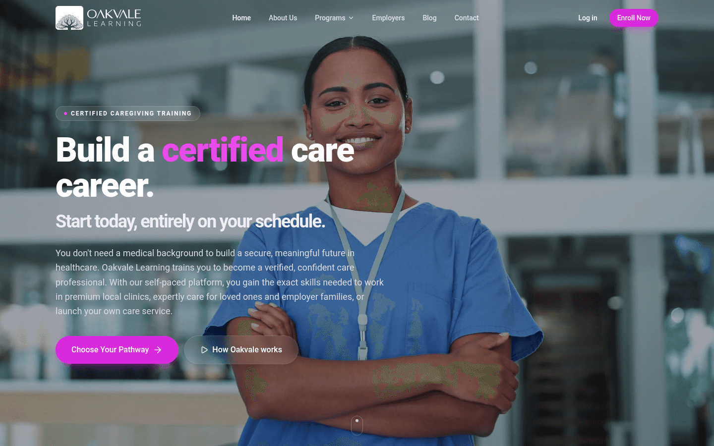 Oakvale Learning: A certification platform for globally aligned Adult Care and Child Care tracks, with placements and career pathways.